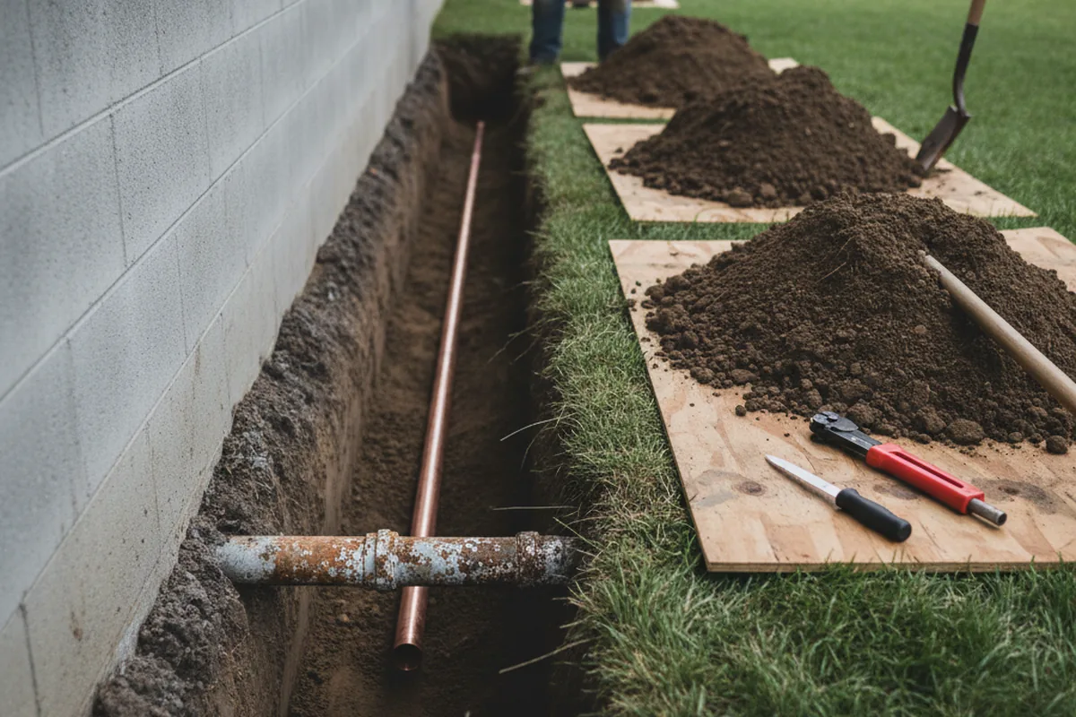 Excavated water line trench during Water Softener Installation in South Lyon
